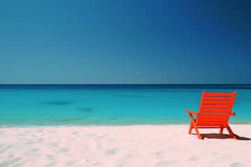 Seaside Serenity: Orange Chair Facing the Clear and Tranquil Sea, Peaceful Scene with Pristine Waters