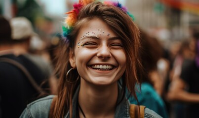 Obraz na płótnie Canvas Lesbian woman laughing cheerfully during pride month