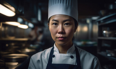 Portrait of a female asian chef working in a professional kitchen