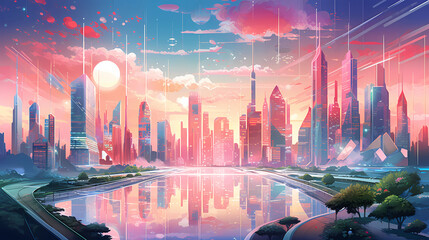Obraz premium A futuristic vector illustration of an expansive, otherworldly cityscape set in the year 2200. The architecture features sleek, towering skyscrapers with unique geometric designs, interconnected by gl