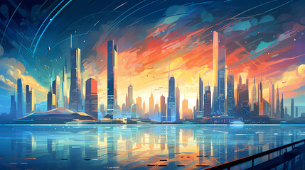 A futuristic vector illustration of an expansive, otherworldly cityscape set in the year 2200. The architecture features sleek, towering skyscrapers with unique geometric designs, interconnected by gl