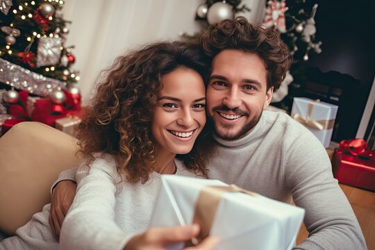 Happy Couple with Christmas Gift Taking Selfie, Generative AI Illustration