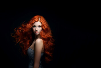 Fototapeta na wymiar Hairstyle beautiful young woman with redhead stylish wavy hairdo on black background