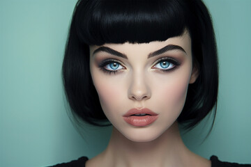 Fototapeta premium Face of beautiful woman with black hair and blue eyes