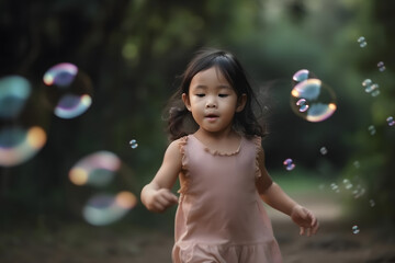 A girl playing in a field among soap bubbles. Generative AI