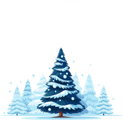 Christmas tree in snow.Flat christmas trees vector landscape.Blue fluffy christmas pine.