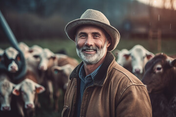 Fototapeta premium A farmer with his cow farm in the background. Generative AI