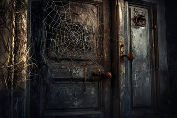 Old locked door with cobwebs in spooky style. Old closed wooden door. Mysterious wooden door. Realistic 3D illustration. Generative AI