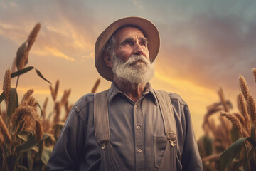 Fototapeta premium Farmer on the background of a field of grain. Generative AI