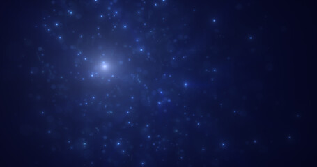 Abstract blue energy particles and dots glowing flying sparks festive with bokeh effect and blur background
