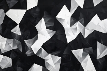 Abstract geometric pattern, minimalist style, oil paint, bold black and white contrast, irregular polygons, thick brushstrokes, textured surface