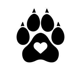 Paw icon with heart. Dog, cat paw icon. Zoo, vet logo element. Paw print vector symbol.