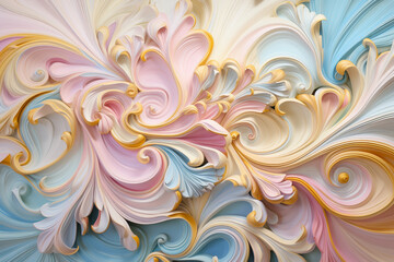 Elegant tessellating pattern, Rococo-inspired swirls, pastel color palette of soft blues, pinks, and gold, oil paint technique