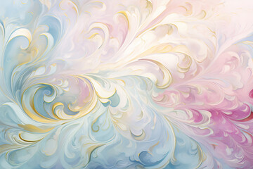 Elegant tessellating pattern, Rococo-inspired swirls, pastel color palette of soft blues, pinks, and gold, oil paint technique