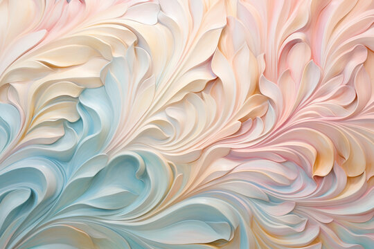 Elegant tessellating pattern, Rococo-inspired swirls, pastel color palette of soft blues, pinks, and gold, oil paint technique © Nate