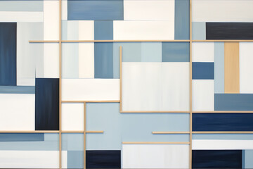 Mid-century modern geometric design, overlapping rectangles, minimalistic color scheme: cool grays, blues, soft whites, acrylic paint on wood, sharp edges