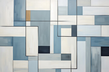 Mid-century modern geometric design, overlapping rectangles, minimalistic color scheme: cool grays, blues, soft whites, acrylic paint on wood, sharp edges