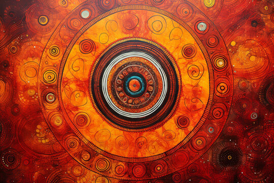 Kaleidoscopic pattern in Bohemian style, swirling and vibrant forms, deep rich hues of reds and oranges, acrylic paint on canvas