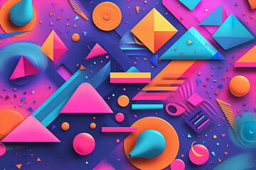 Retro 80s inspired geometric shapes, neon colors: pinks, teals, purples, oranges, digital art, angular and curved motifs