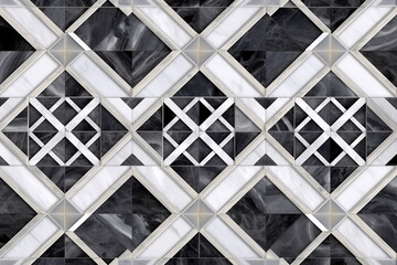 Seamless geometric pattern, Neoclassical influence, marble and granite mosaic, symmetrical motifs in black, white, and gray
