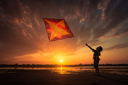Little child releasing a colorful kite against the backdrop of a stunning sunset. Concept of freedom, imagination and boundless possibilities. Generative AI