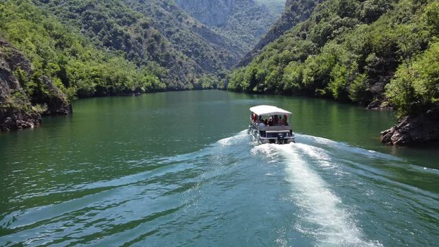 4K Aerial Drone Footage of Boat Journey in Matka Canyon, Skopje, North Macedonia