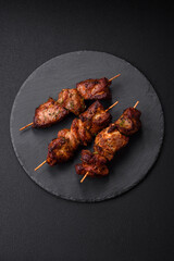 Delicious grilled chicken, turkey or pork skewers with salt, spices and herbs