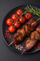 Delicious grilled chicken, turkey or pork skewers with salt, spices and herbs