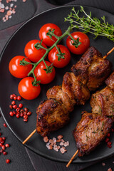 Delicious grilled chicken, turkey or pork skewers with salt, spices and herbs