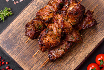 Delicious grilled chicken, turkey or pork skewers with salt, spices and herbs