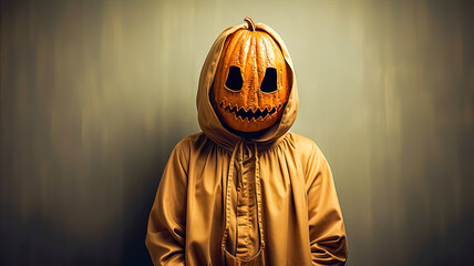 Anonymous Man wearing a pumpkin on his head in a yellow raincoat on a beige background. Faceless concept. Scary Halloween. 