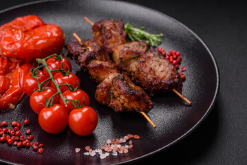 Delicious grilled chicken, turkey or pork skewers with salt, spices and herbs