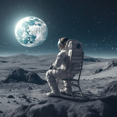 Astronaut sitting on a chair on the lunar surface. Generated by AI. - obrazy, fototapety, plakaty