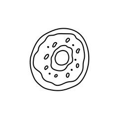 Sweet donut with icing doodle. Cute cartoon tasty dessert. Hand drawn illustration isolated on white background.