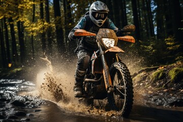 Fototapeta na wymiar Rider on a cross-country enduro motorcycle go fast in wet forest. Enduro racing driver take a corner with a splashes of dirt and water. Drift. Made With Generative AI.