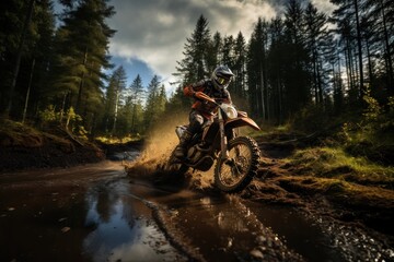 Rider on a cross-country enduro motorcycle go fast in wet forest. Enduro racing driver take a...