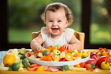 toddler in a baby's chair with a giant bowl of vegetables - happy child with colorful vegetables -  healthy food and nutrition for babies and toddlers - generative ai 