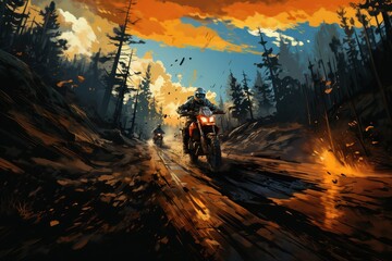 Motorcyclist on the competition at motorcycle race. Rider on a cross-country enduro motorcycle go fast in wet forest. Drift. Made With Generative AI.