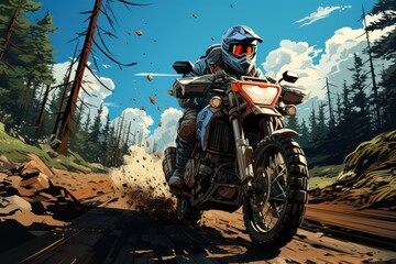 Rider on a cross-country enduro motorcycle go fast in wet forest. Enduro racing driver take a corner with a splashes of dirt and water. Drift. Made With Generative AI.