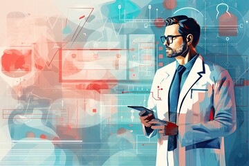 illustration of a doctor analyzing medical health data on a hand held device - medical data management - design element - background with visual data management - copy space - generative ai 