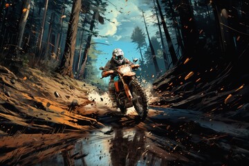 Rider on a cross-country enduro motorcycle go fast in wet forest. Enduro racing driver take a corner with a splashes of dirt and water. Drift. Made With Generative AI.