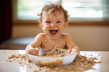 child eating baby porridge for the first time - fun first eating experience - messy first meal - generative ai - imaginary person