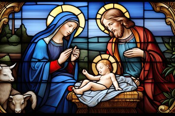 stained glass window in a church that shows the birth of jesus with maria and joseph - christian holiday - christmas - religious art - generative ai - obrazy, fototapety, plakaty
