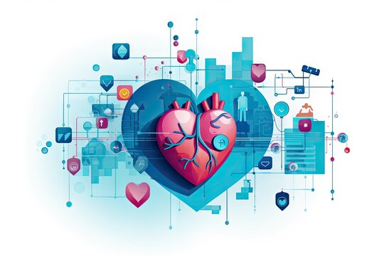 illustration of a human heart in the center of a data network - medical data management - connected health data - generative ai