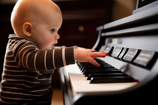 child playing the piano - kid with arms raised over the keys of a piano - learning something new - start early to master - generative ai
