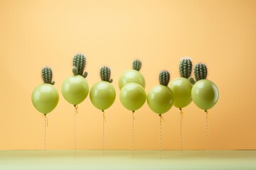 Yellow party balloons and cacti on pastel yellow background with copy space. Celebration greeting card element