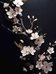 Golden Petals Cherry Blossom Tree Flowers Shining on Black