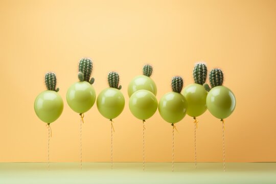 Yellow party balloons and cacti on pastel yellow background with copy space. Celebration greeting card element