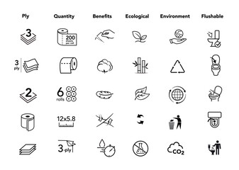 Icons for absorbent material. Vector illustration isolated on white background. Perfect for paper roll, wet wipes, kitchen towel, napkin, tissues, pads and etc. Stroke sign, easy change. EPS10.	