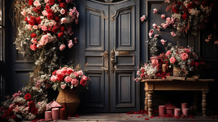 Fototapeta na wymiar Vintage victorian cottage door with a christmas wreath filled with roses inside. Christmas time. 